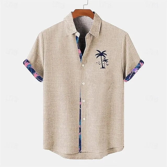 Loose fit linen short sleeve casual shirt showcasing an ocean fish pattern detail on the lapel.