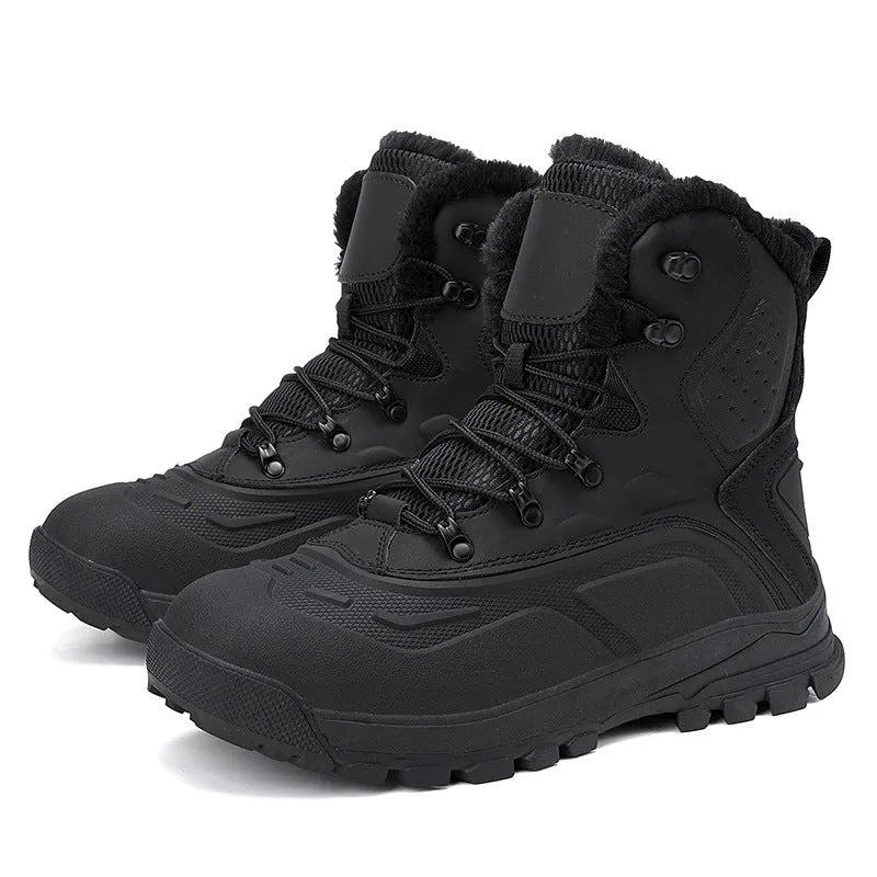 Men's black fleece-lined high-top boots with velvet interior and lace-up front closure