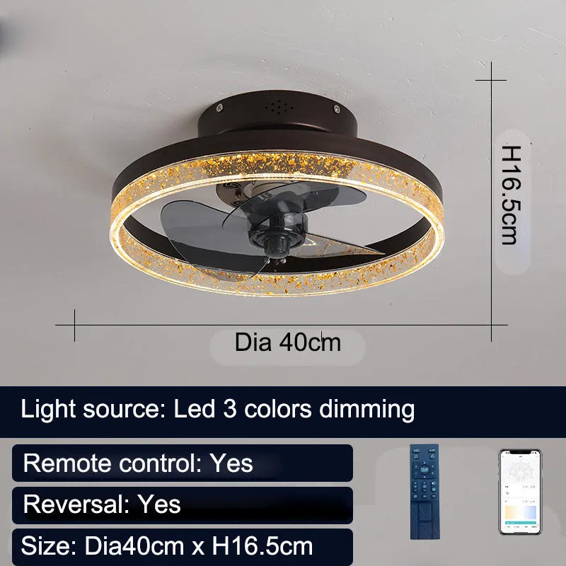 Nordic ceiling fan lamp with LED light in coffee gold finish, 50cm diameter with remote control