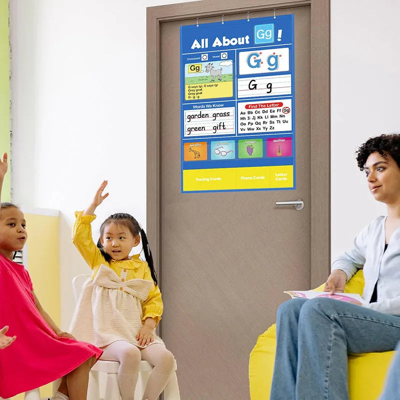 Alphabet learning sleeve table chart with a large set of educational cards for home use.