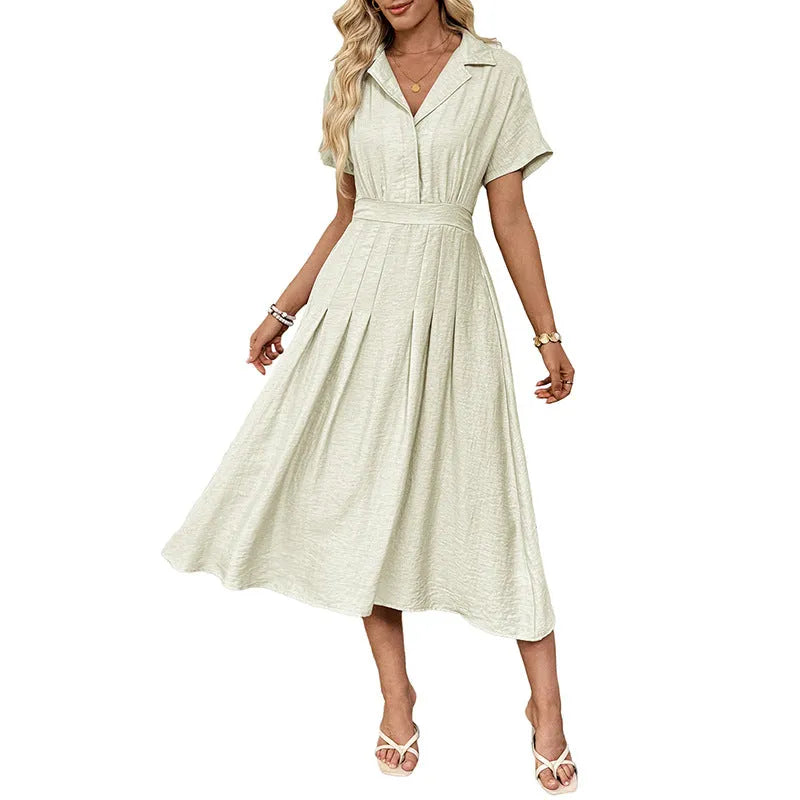 Light green women's twill shirt dress with lapel collar, adjustable waist belt, and splicing detail