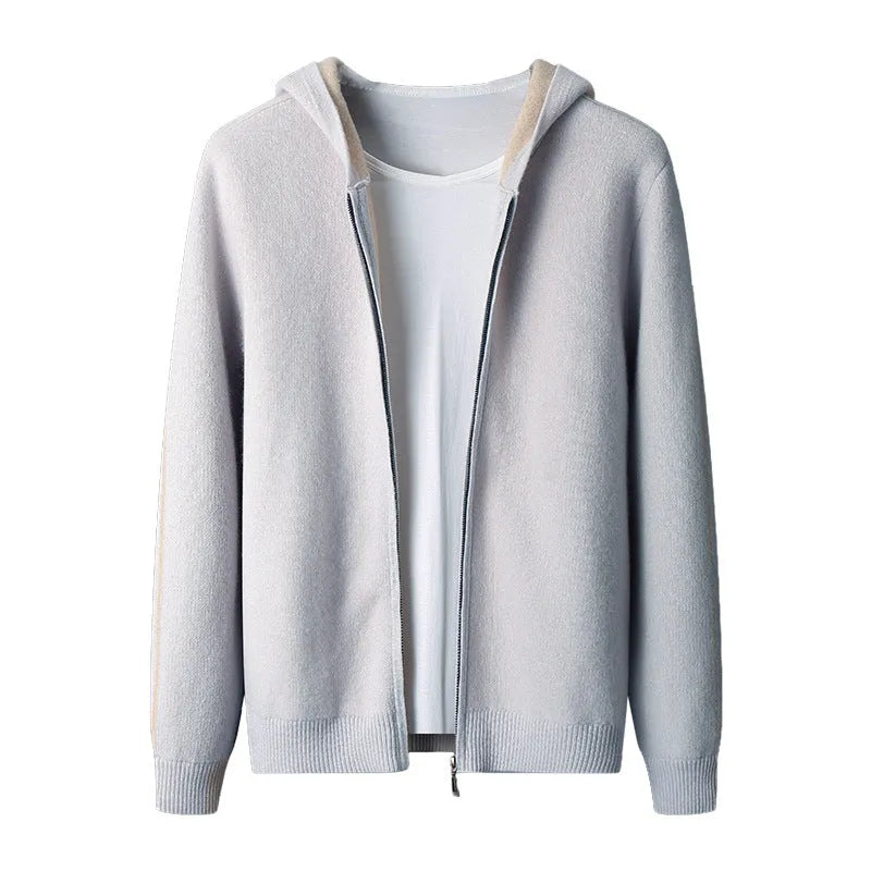 Men's dark blue cashmere cardigan with half-high collar zipper and long sleeves