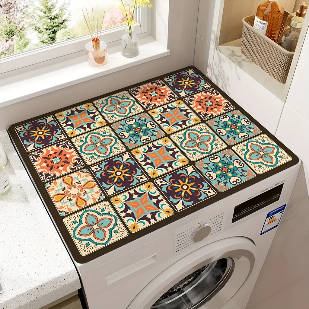 Dustproof absorbent washing machine mat with abstract print in front of a washing machine