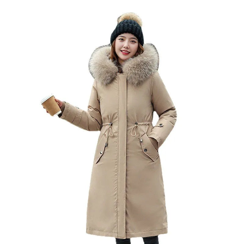 Women's long beige trench coat with down cotton padding and two-way design featuring long sleeves