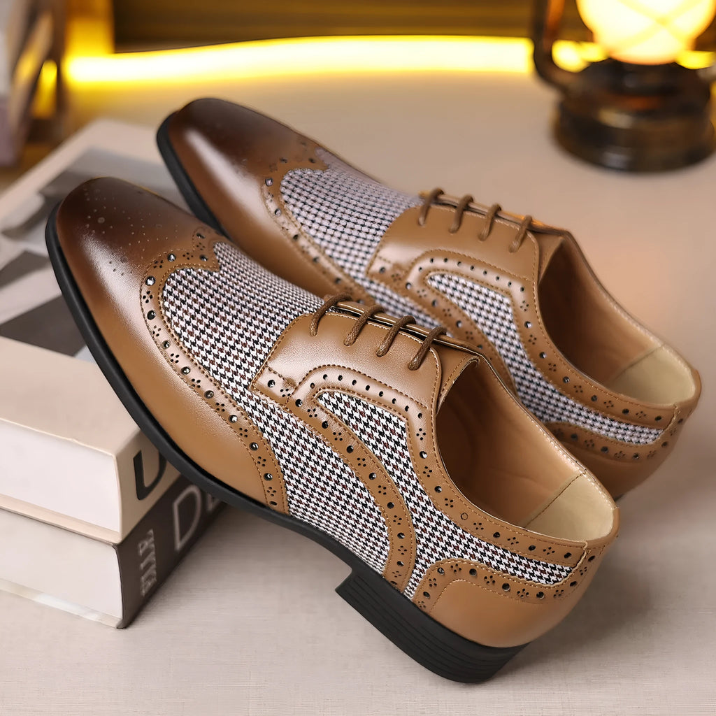 Man's imitation houndstooth plaid casual shoe in black with square toe and lace-up front.