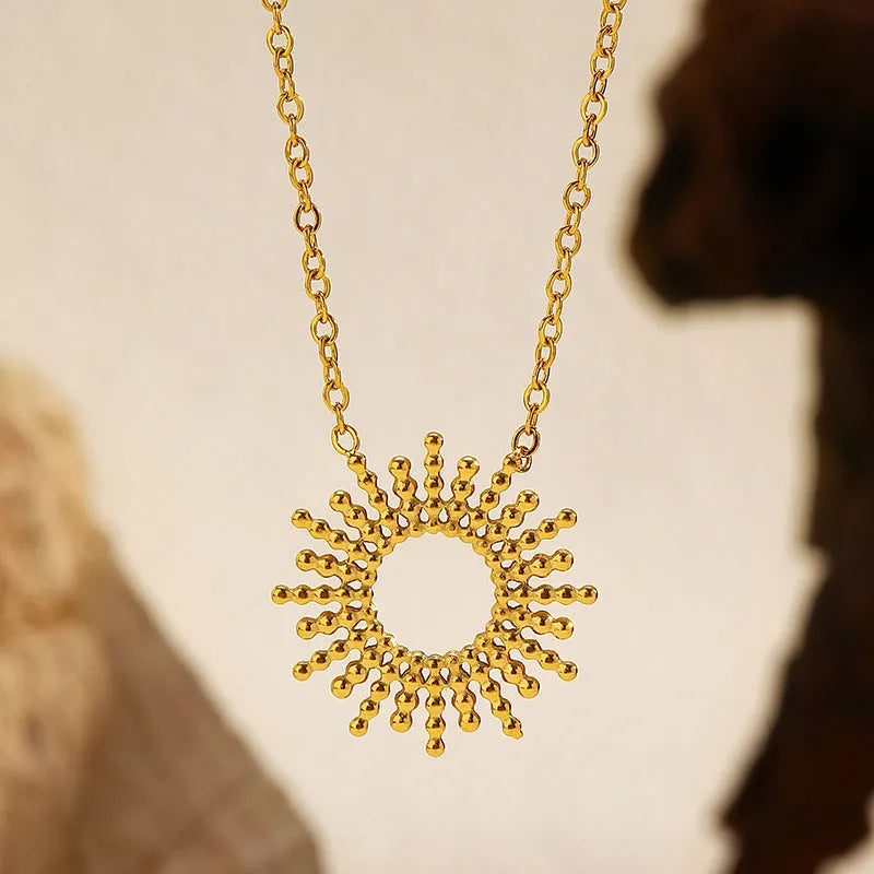 Women's sunflower motif geometric chain necklace and bracelet set with gold plating