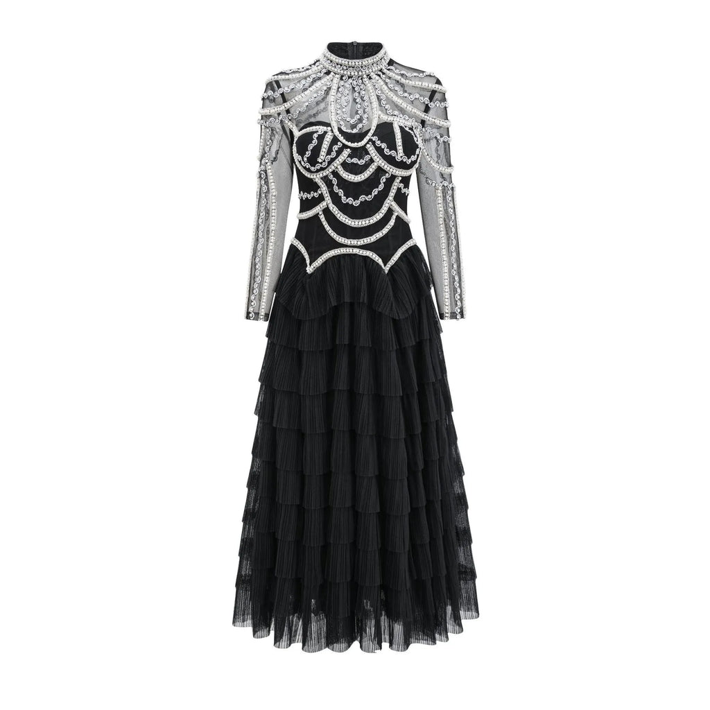 Women's black beaded long sleeve evening dress with three-dimensional decoration and mid-waist design