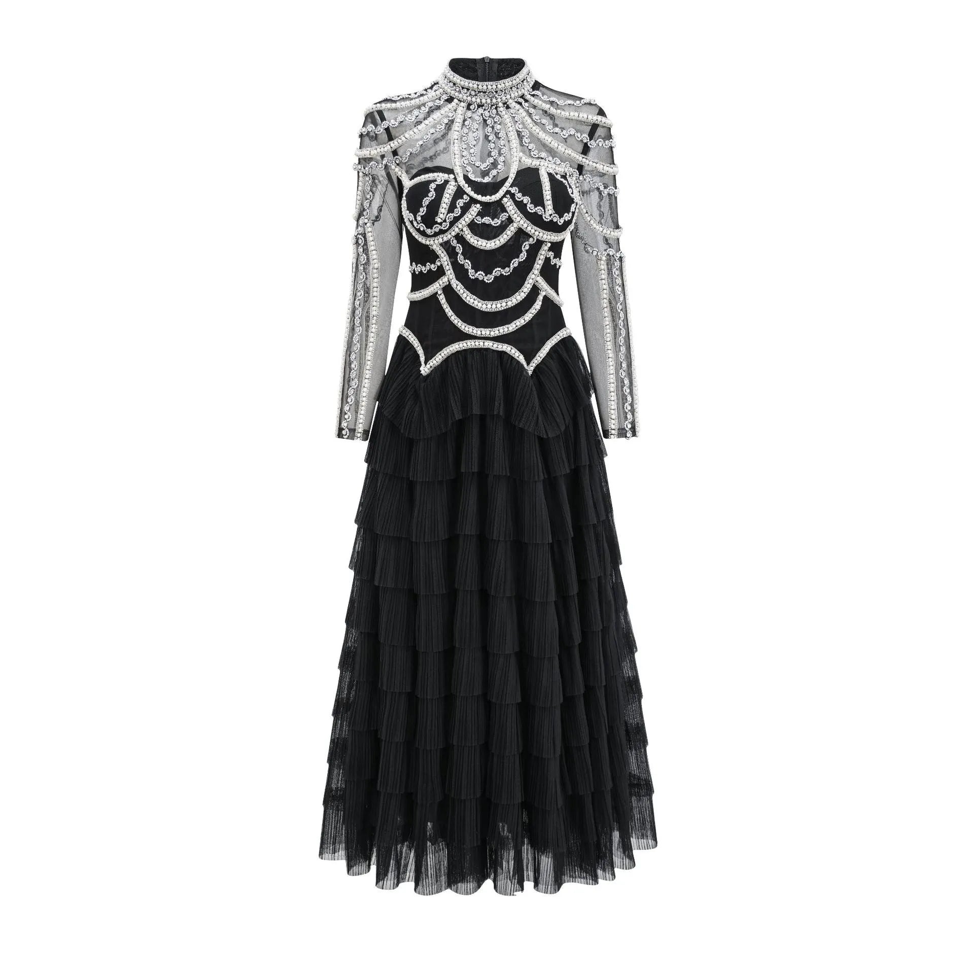 Women's black beaded long sleeve evening dress with three-dimensional decoration and mid-waist design