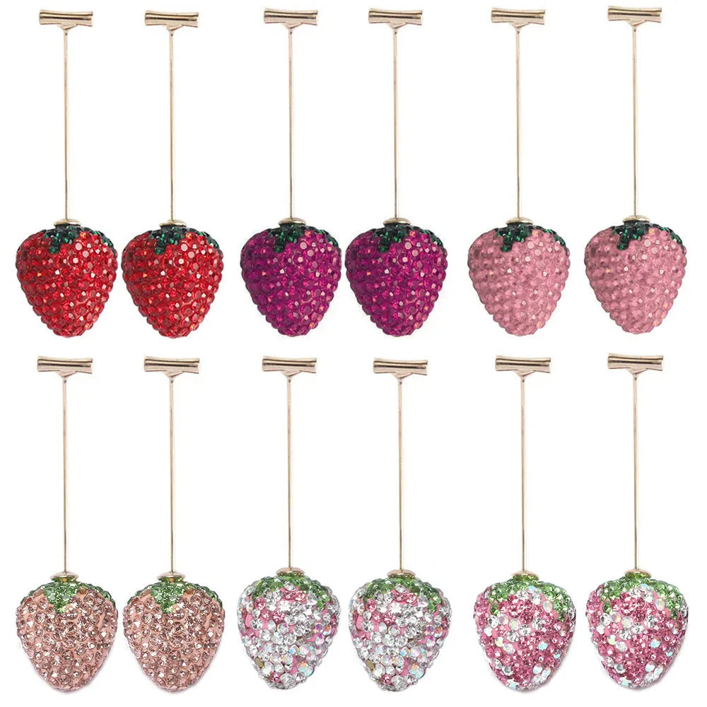 Geometric zinc alloy strawberry earrings for women with spot drill texture in red, pink, purple, champagne, pink & white, and white powder.