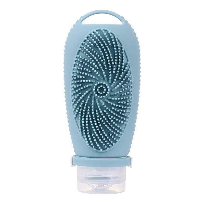 Silicone bath brush storage bottle in various colours showing 100ml capacity for bathroom organisation