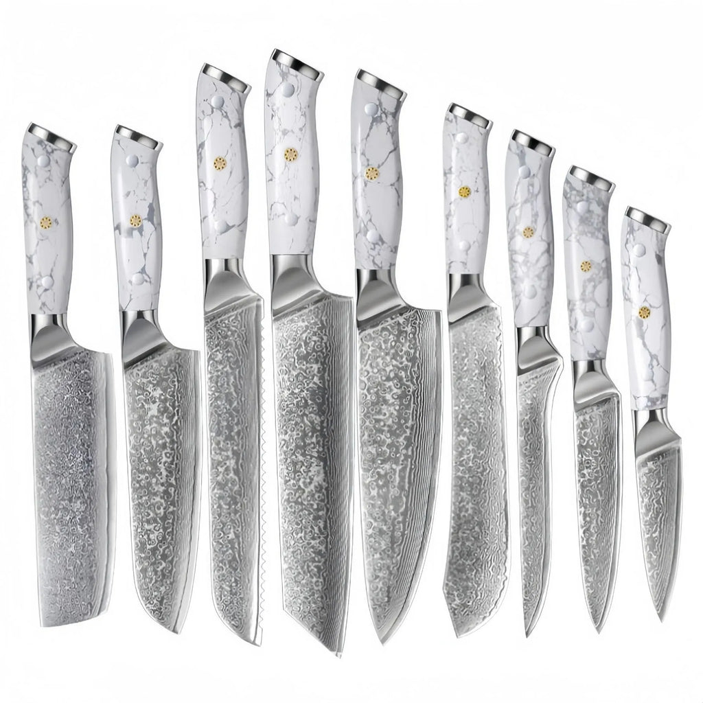 Damascus pattern chef's knife with VG10 steel blade and modern handle for kitchen use