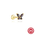 S925 sterling silver thread piercing earring with a flat head rainbow stone in a gold tone.