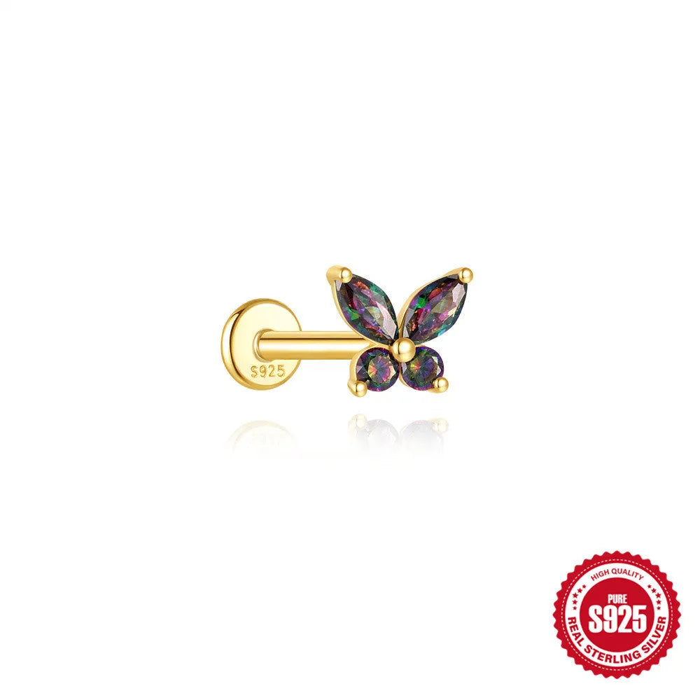 S925 sterling silver thread piercing earring with a flat head rainbow stone in a gold tone.