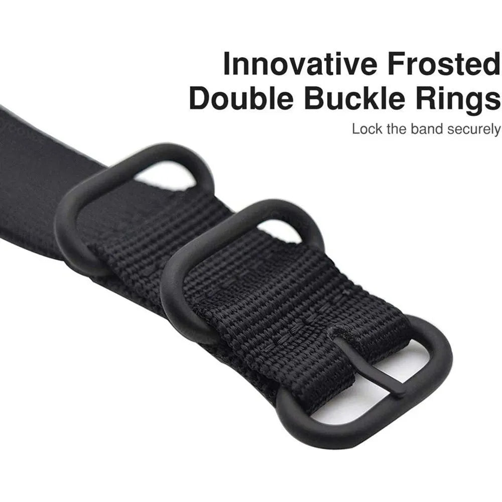 Nylon replacement watch strap with three-ring buckle for Fitbit Charge 2, 3, 4, and 5 fitness trackers.