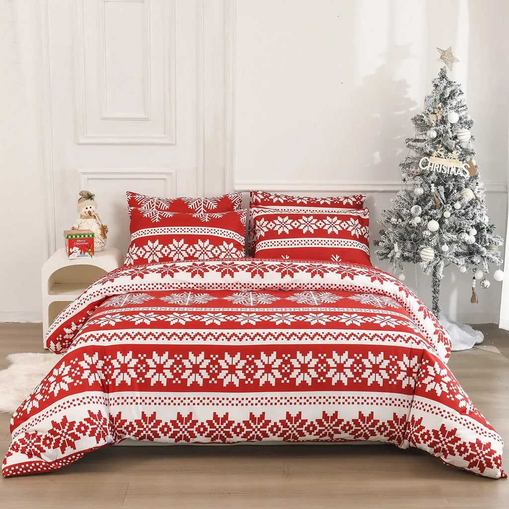 Red Winter Sleepers patterned quilt cover and pillowcases on a bed, modern simplicity style.
