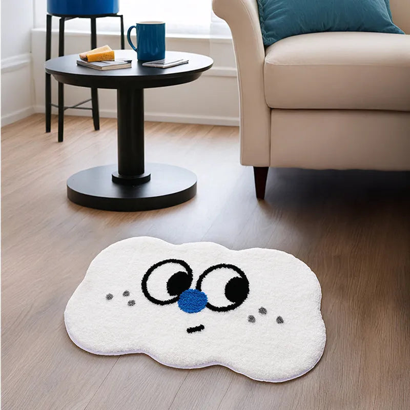 Cartoon anime character printed bathroom mat in green, blue, pink, black, or white, available in three sizes.
