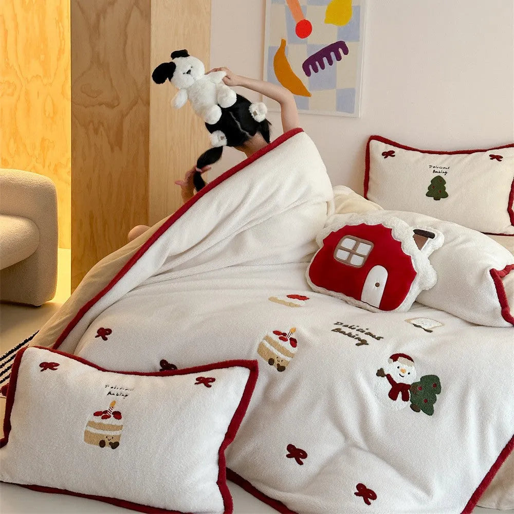 Winter Christmas cartoon bedding four-piece set with Xuefu Milk Pastry design on polyester bed sheet, duvet cover, and pillowcases