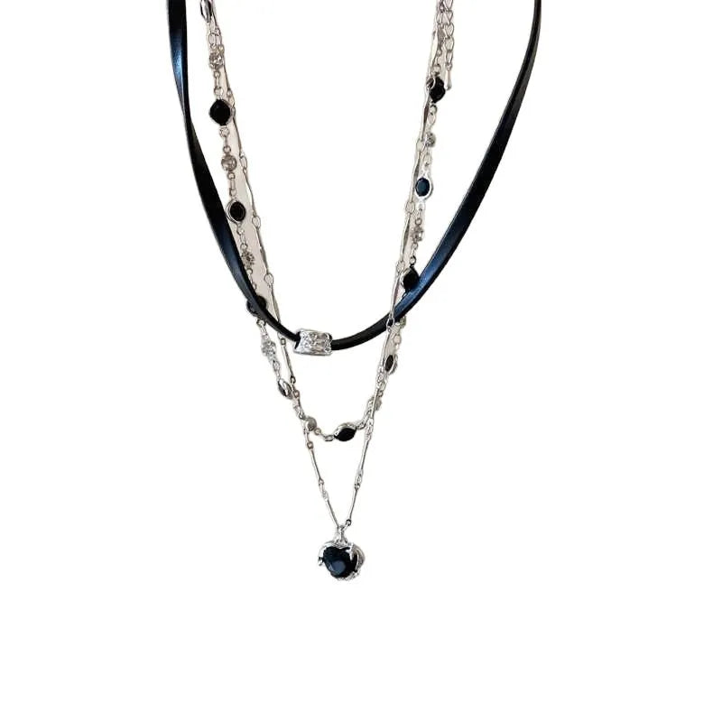 Women's multi-layer twin necklace with leather heart pendant and adjustable clavicle chain