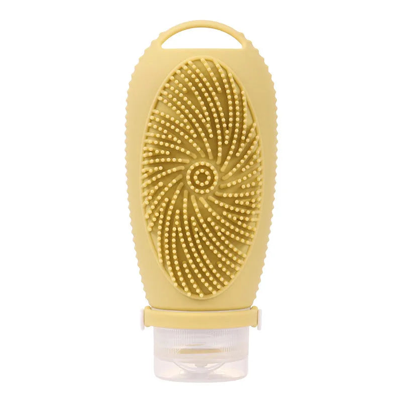 Silicone bath brush storage bottle in various colours showing 100ml capacity for bathroom organisation