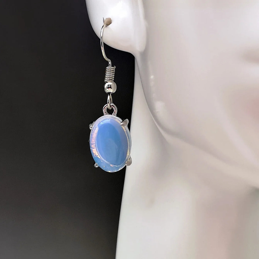 Opal earrings with cross pendant in drop shape, moonlight white colour, retro simple style