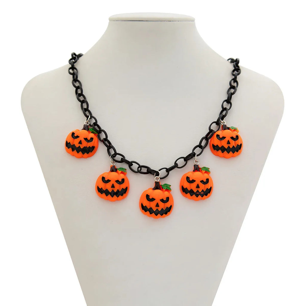 Mixed colour ghost pumpkin acrylic necklace on a regular chain, cartoon Halloween styling.