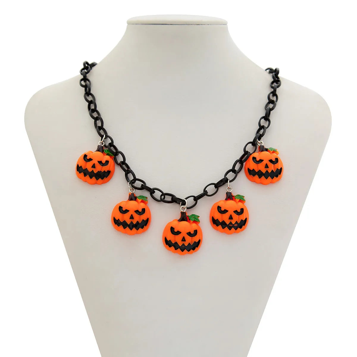 Mixed colour ghost pumpkin acrylic necklace on a regular chain, cartoon Halloween styling.