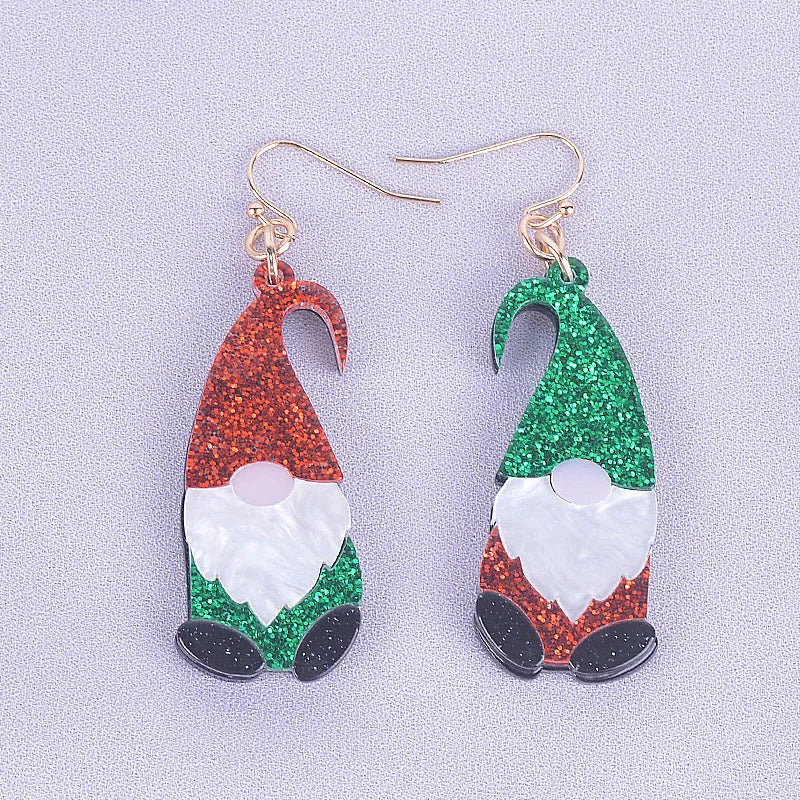 Santa Claus cartoon character acrylic earrings in red and green hat colour variations