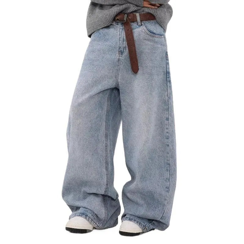 Men's blue retro washed distressed straight-leg cotton denim jeans with a mid waist.