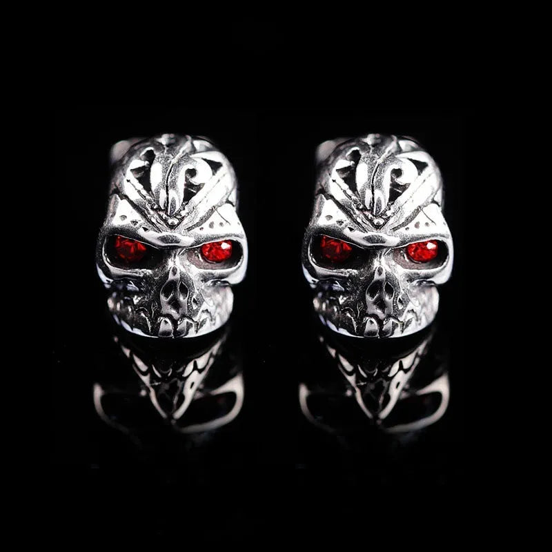 Retro red eye ghost head skull stud earrings with alloy construction and gemstone inlays