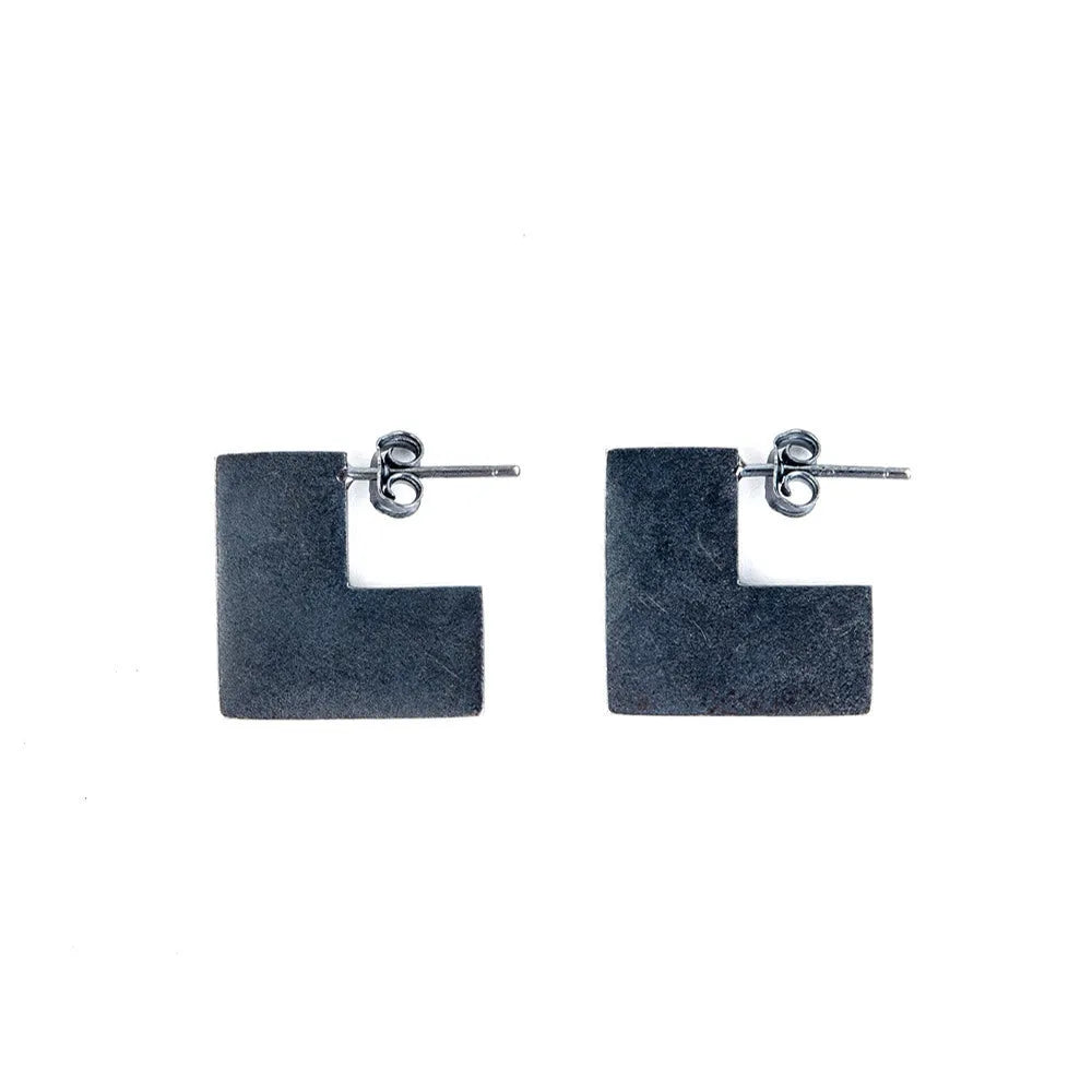 Oxidised black geometric square sterling silver earrings with minimalist design