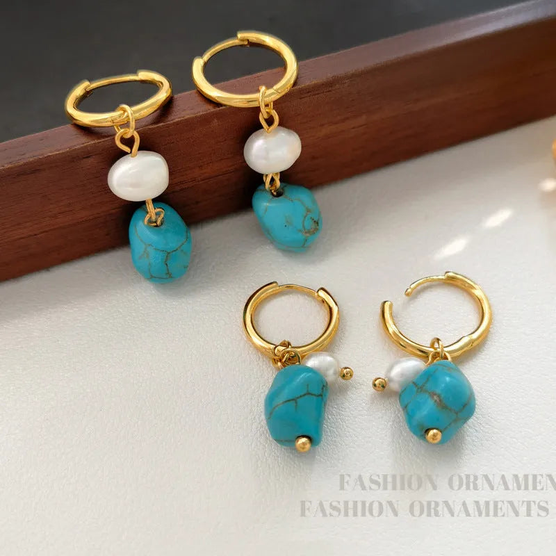 A pair of long and a pair of short geometric clip-on earrings with turquoise and cultured pearls.