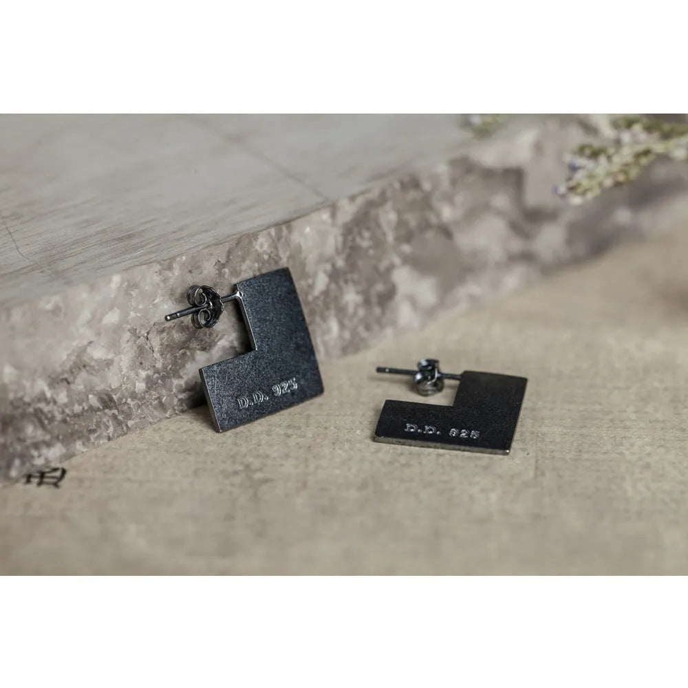 Oxidised black geometric square sterling silver earrings with minimalist design