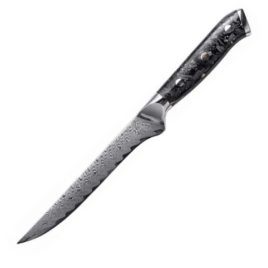 Damascus steel 8-piece kitchen knife set showing fishbone pattern on blades