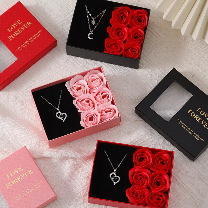Korean style soap flower gift box containing six roses with gift box and handbag in red, pink or black colours