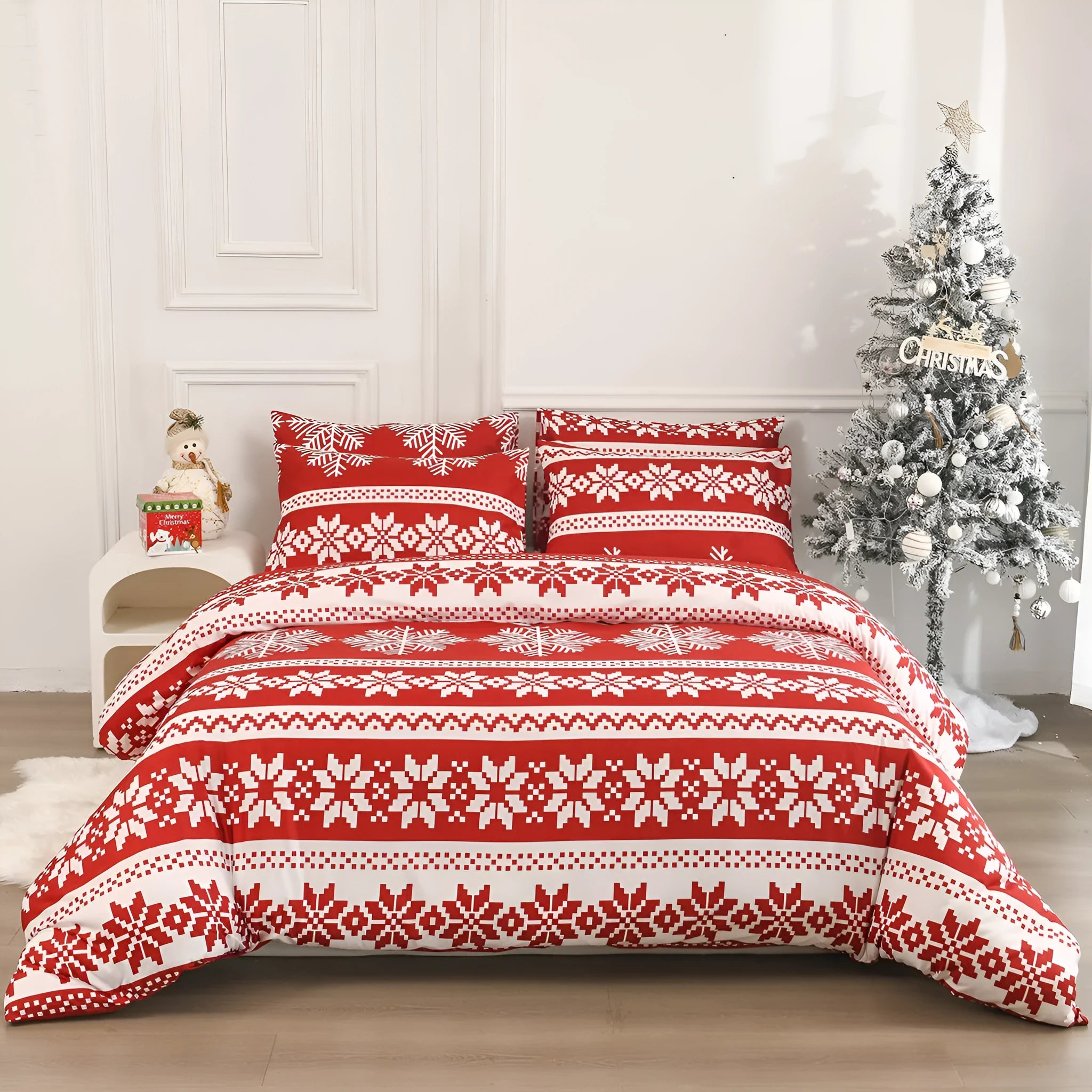 Red Winter Sleepers patterned quilt cover and pillowcases on a bed, modern simplicity style.