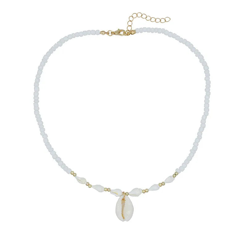White conch shell necklace for women with a mother of pearl pendant on a regular chain.