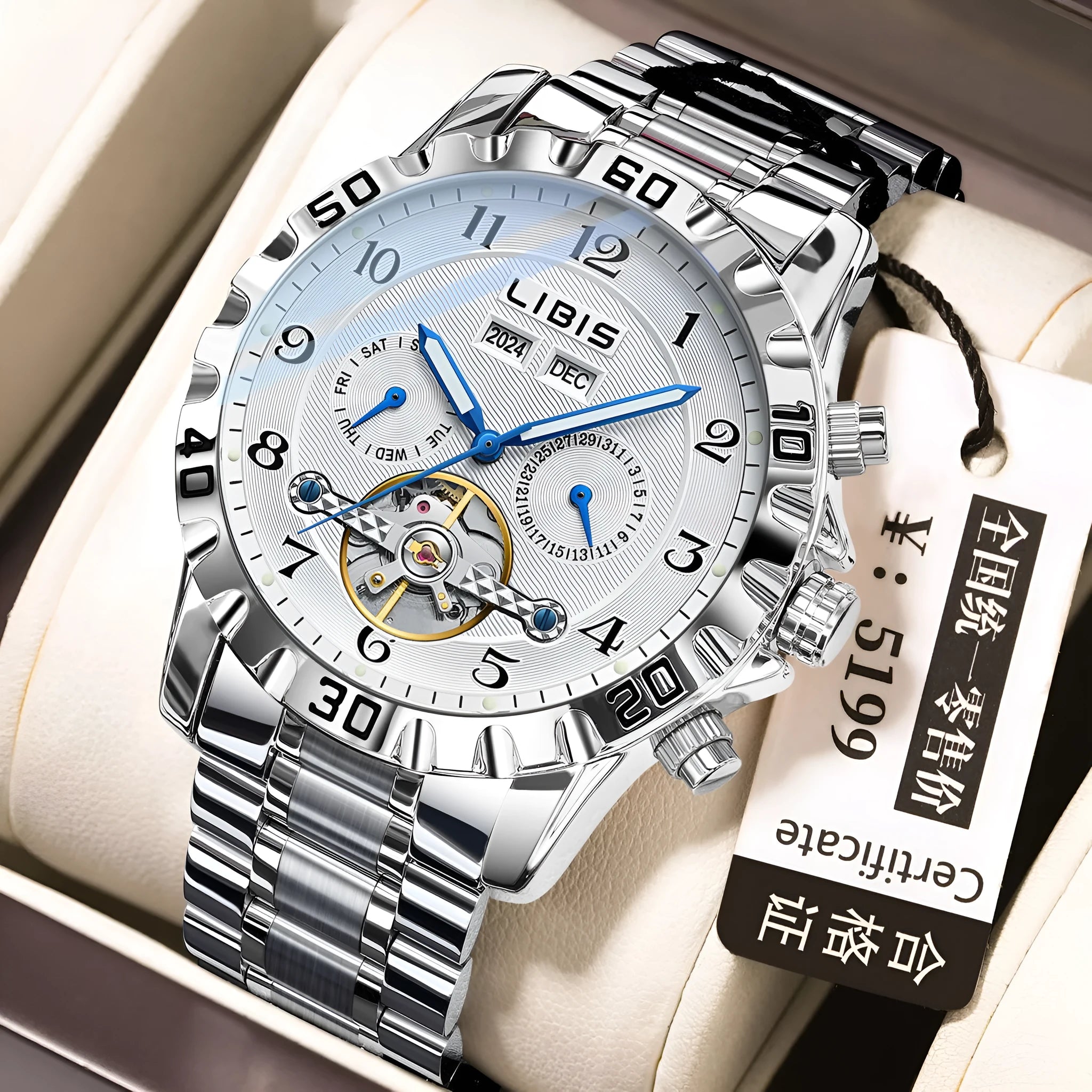 Silver stainless steel automatic perpetual calendar mechanical watch with sapphire crystal glass