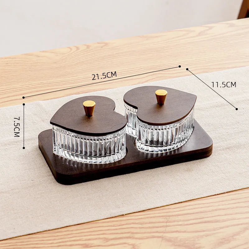 Glass fruit platter set with transparent heart-shaped lid in mild luxury retro style