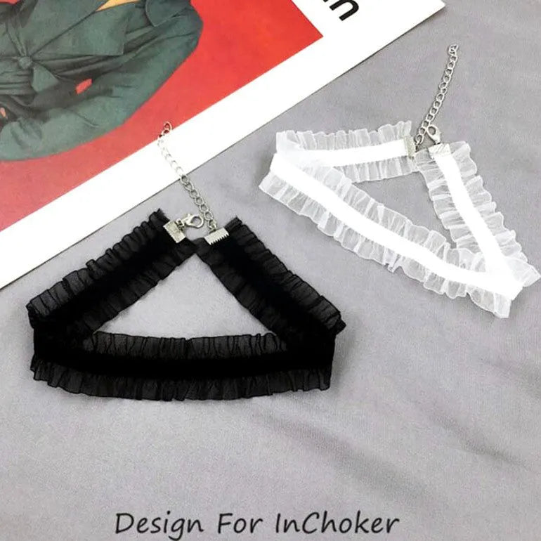 Electroplated alloy necklace with velvet ruffled flower pendant and snake bone chain in three colours.