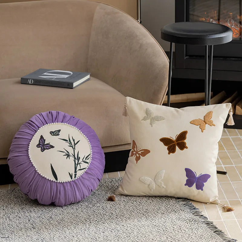 Square beige cushion with black butterfly embroidery in Chinese style