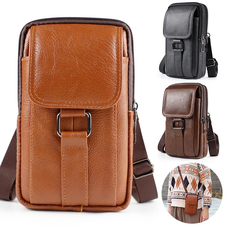 Men's genuine leather multi-functional crossbody waist bag in vertical square shape with lock fastening