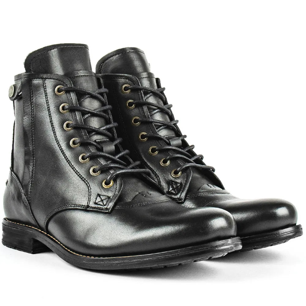 Men's black and brown two-tone leather ankle boots with a side zipper fastener.