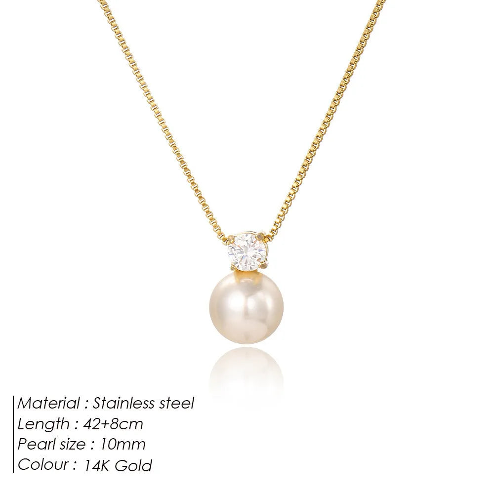 St Delan stainless steel necklace for women with imitation pearl and zircon pendant on a box chain.
