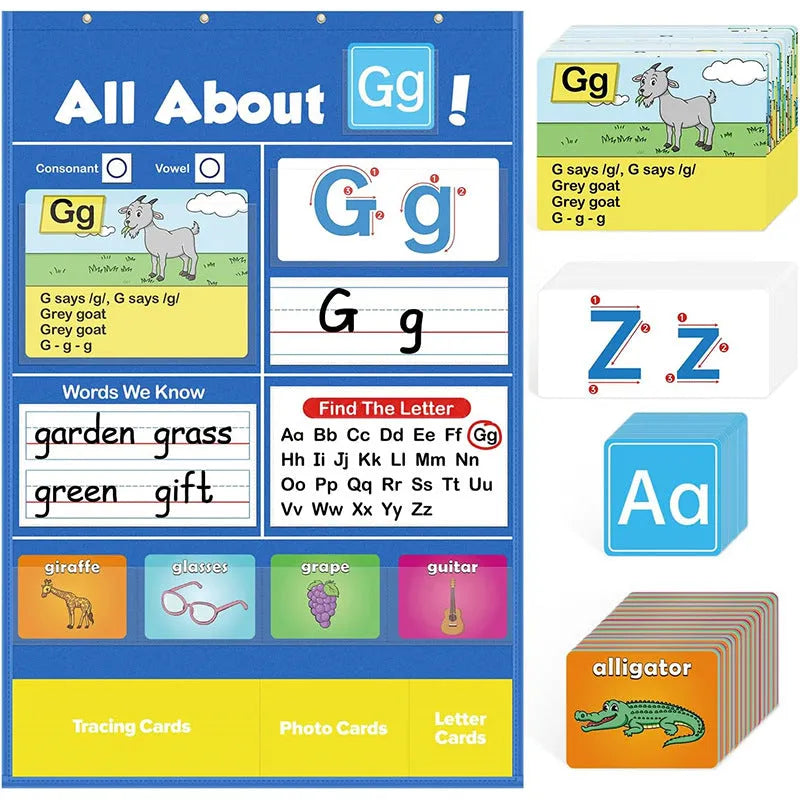 Alphabet learning sleeve table chart with a large set of educational cards for home use.