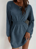 Blue women's knitted dress with hand-crocheted flower decorations and fitted waist