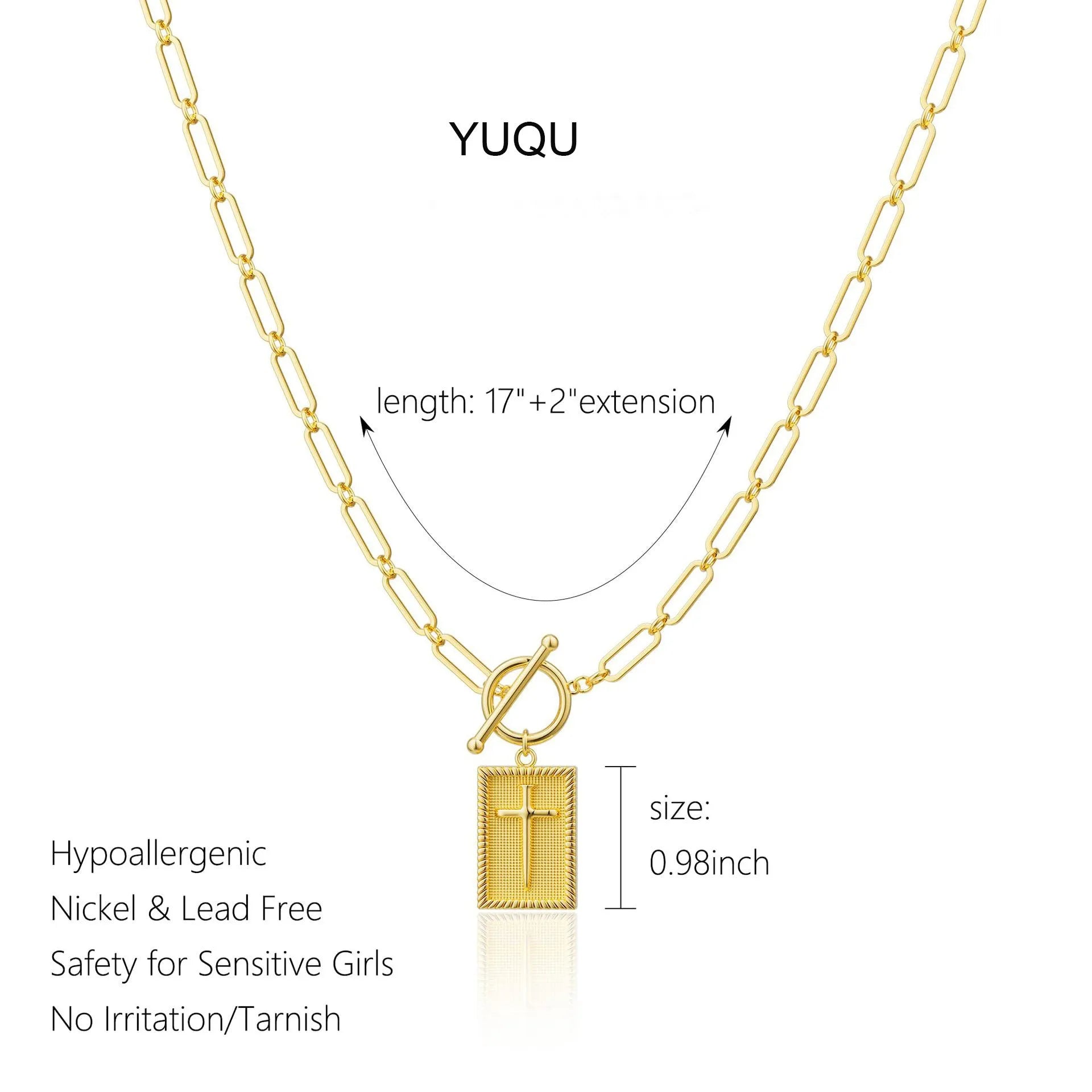 Gold electroplated stainless steel clip chain necklace with cross and square geometric pendant on white background