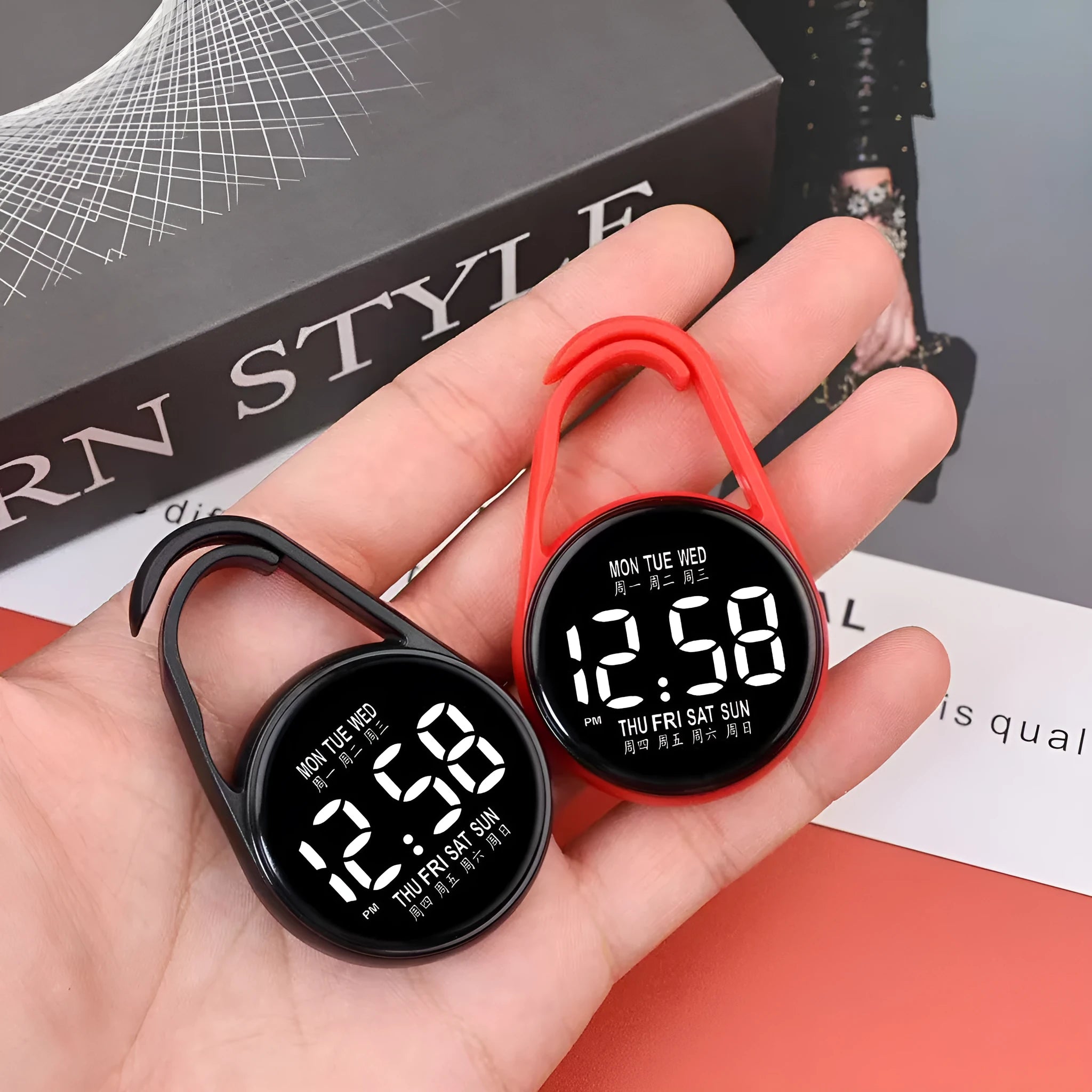 Fashion LED electronic watch showing luminous digital time display on a plastic strap, available in multiple colours.