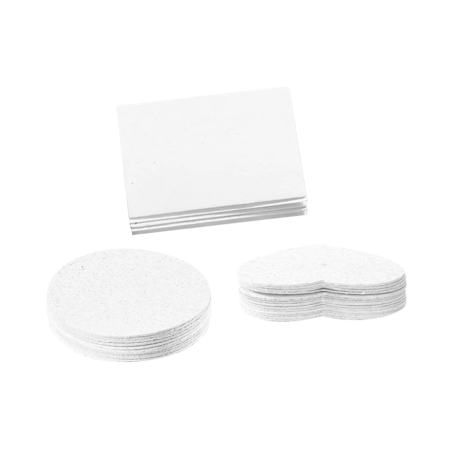 Cartoon wood pulp paper set with heart, round, and square shapes plus six fountain pens for artistic projects