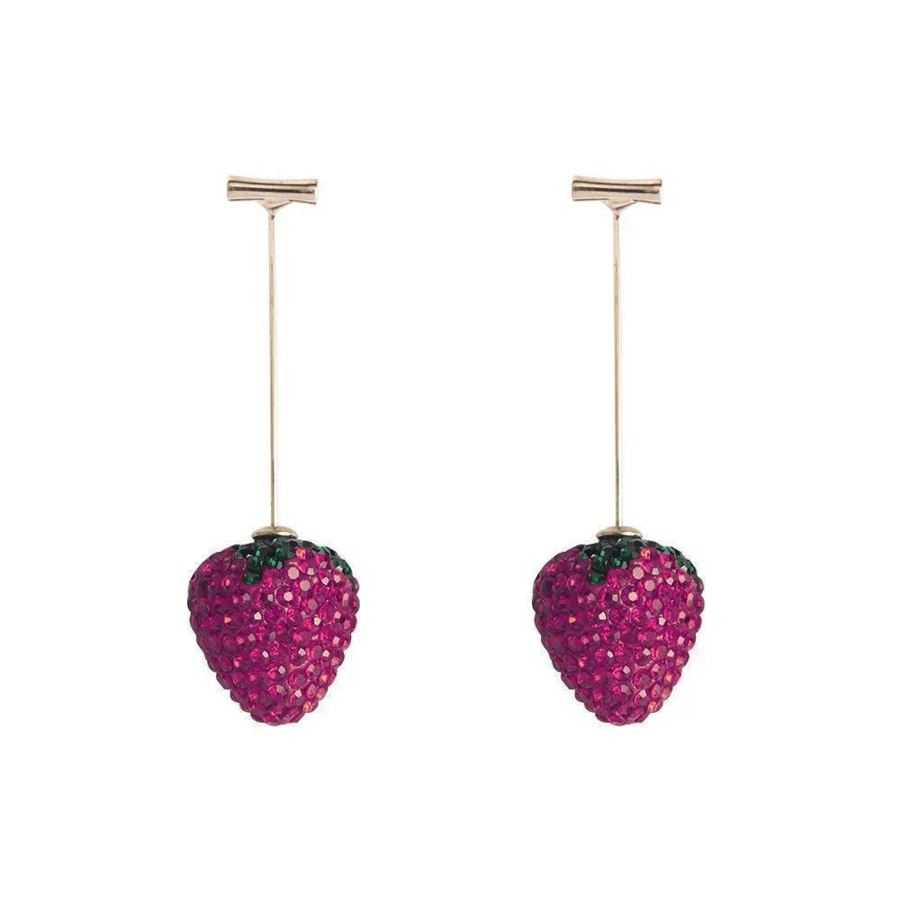 Geometric zinc alloy strawberry earrings for women with spot drill texture in red, pink, purple, champagne, pink & white, and white powder.