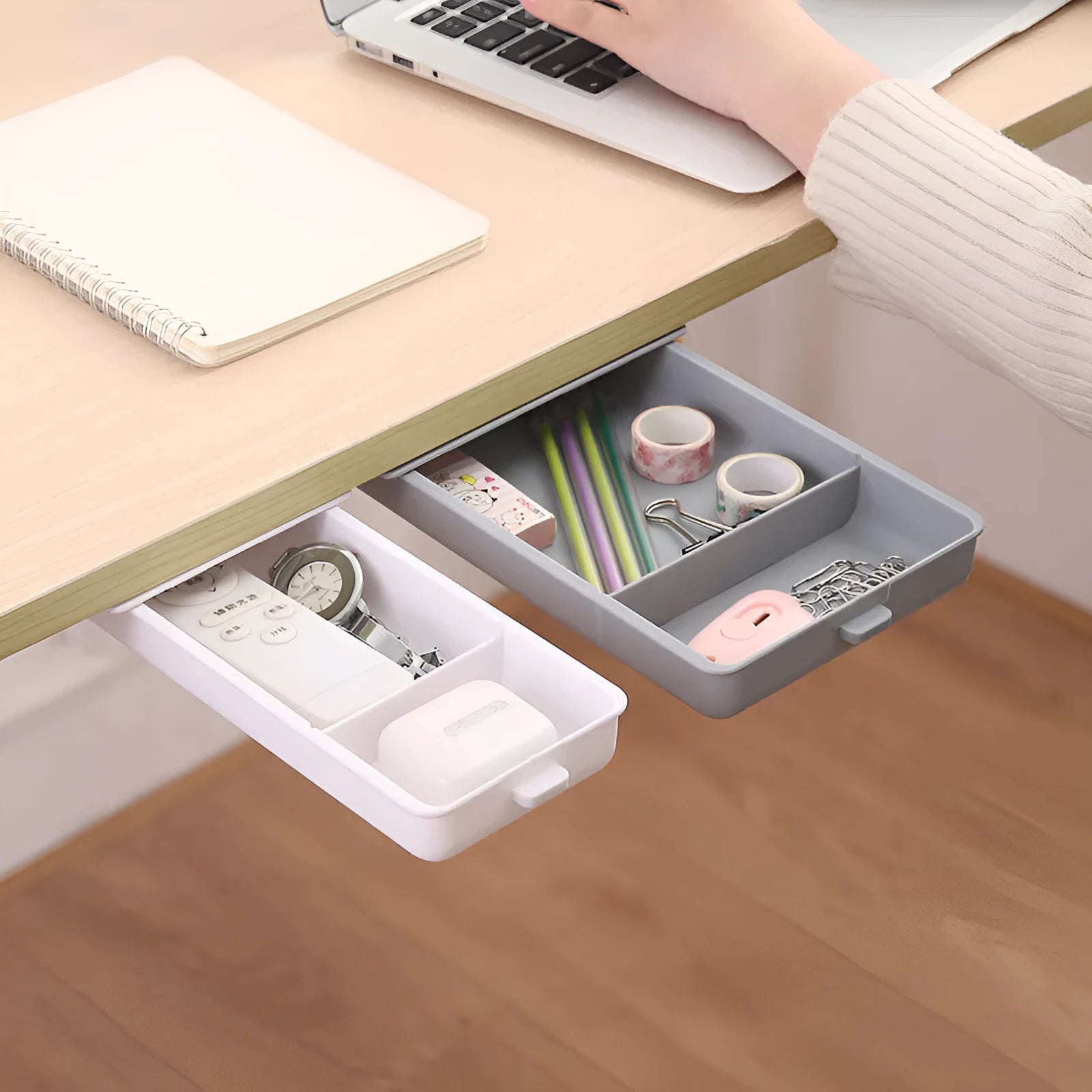 Plastic under-table storage drawer with adhesive mounting in grey colour